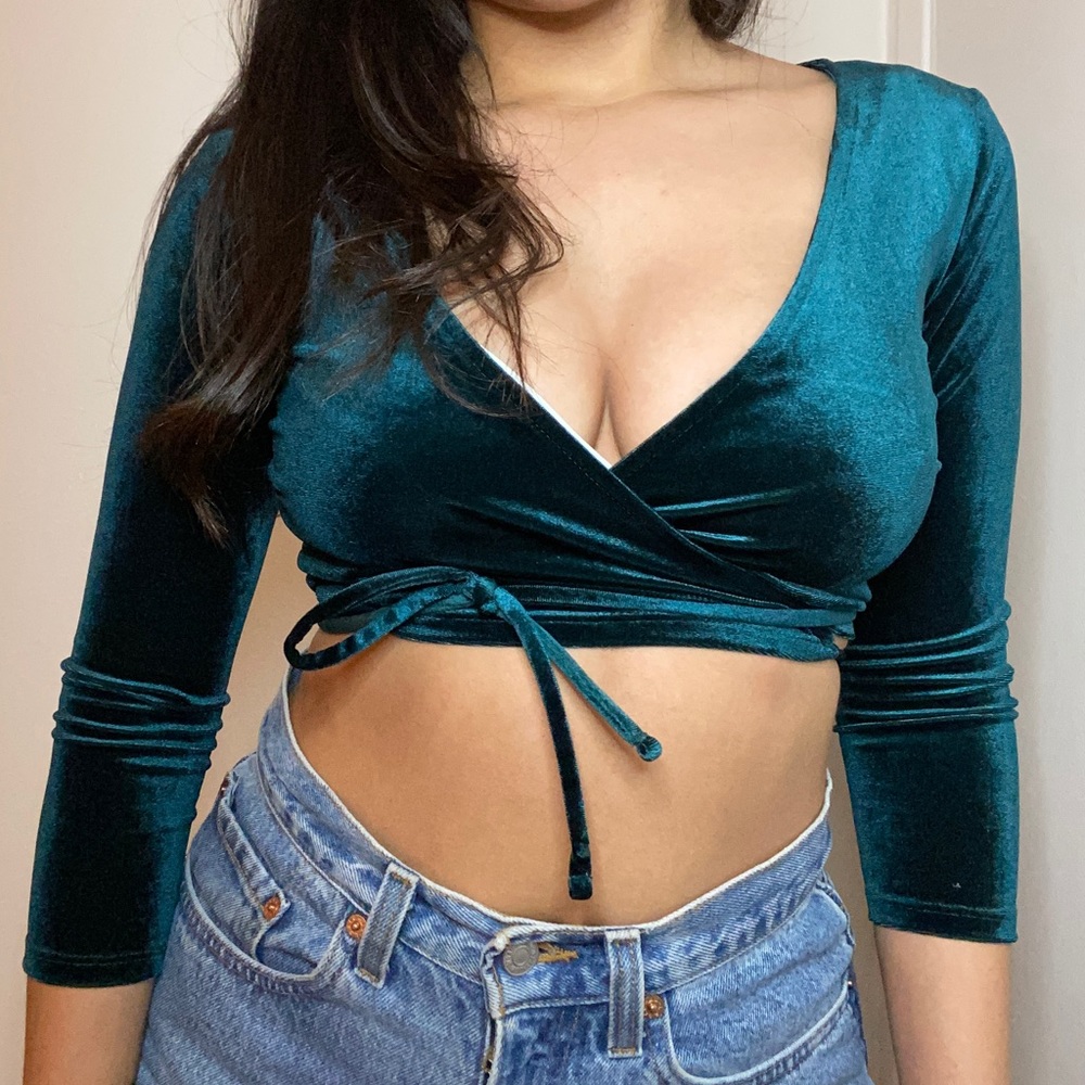 Forever 21 Emerald Green Velvet Wrap Crop Top